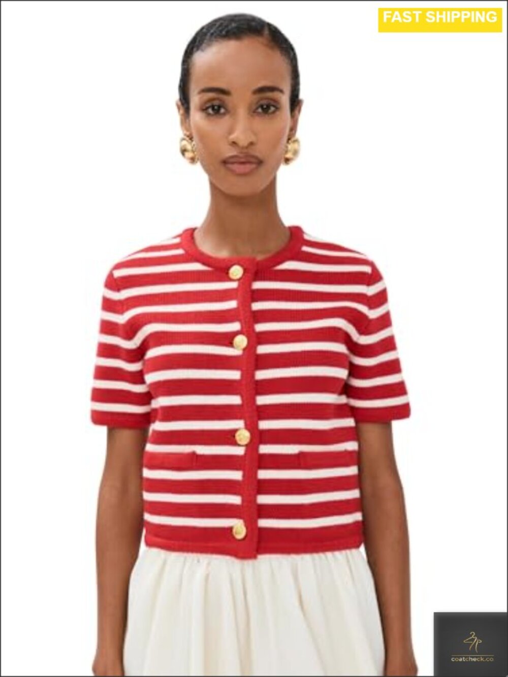 Heavyweight Knit Striped Sweater Cardigan Ribbed Trim Welt Pockets